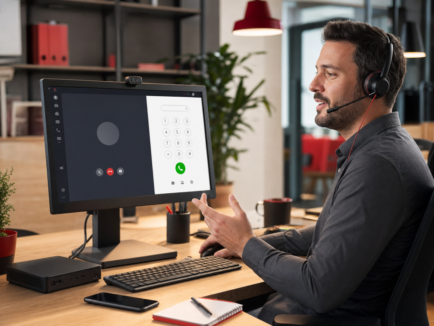 Professional making a customer call through a desktop softphone